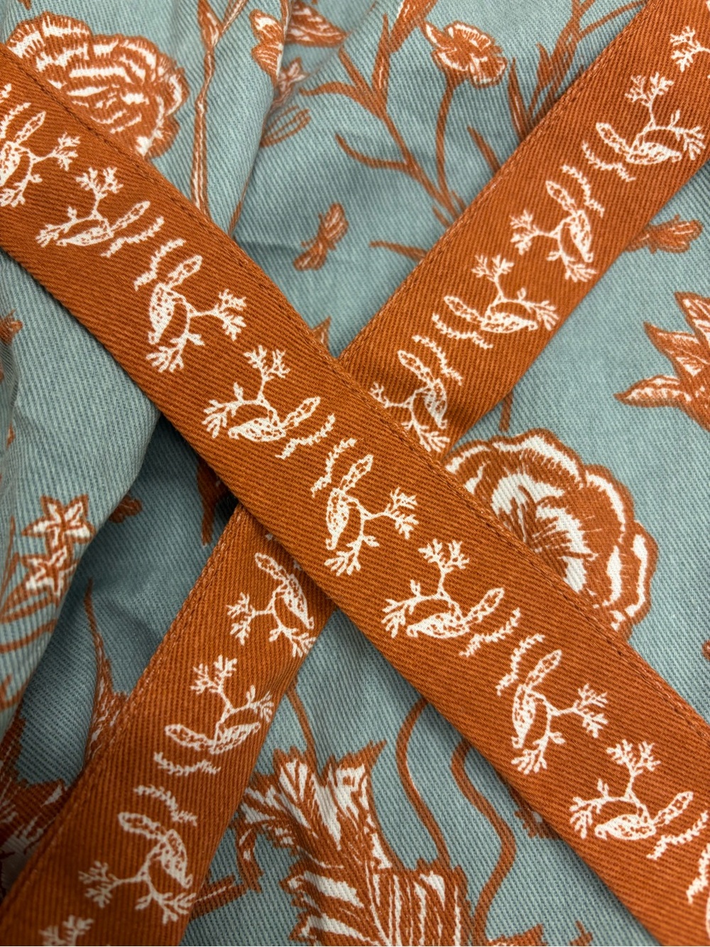World Market Apron Light Blue and Orange Floral Bird Apron with Pockets - Picture 6 of 10